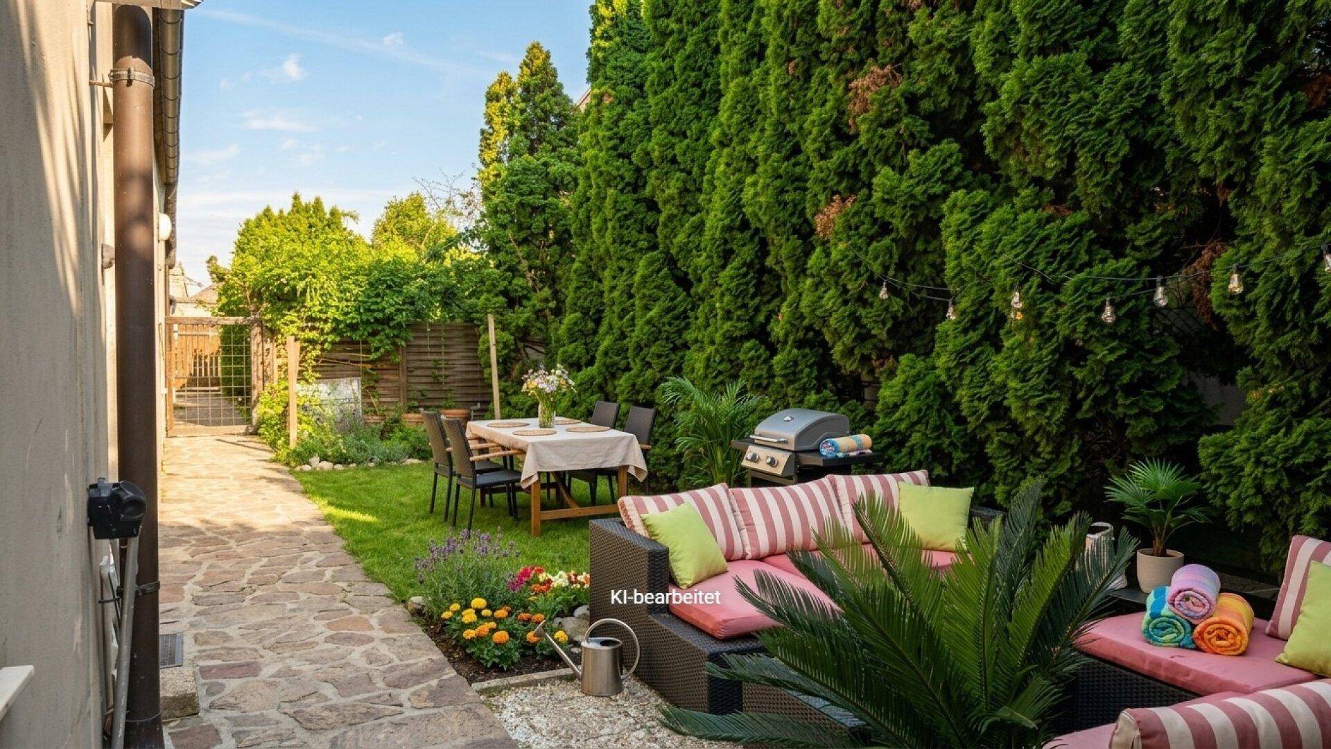 Gepflegter Gartenbereich mit Essplatz, Lounge-Sofa und Grill, ideal für entspannte Stunden im Freien.