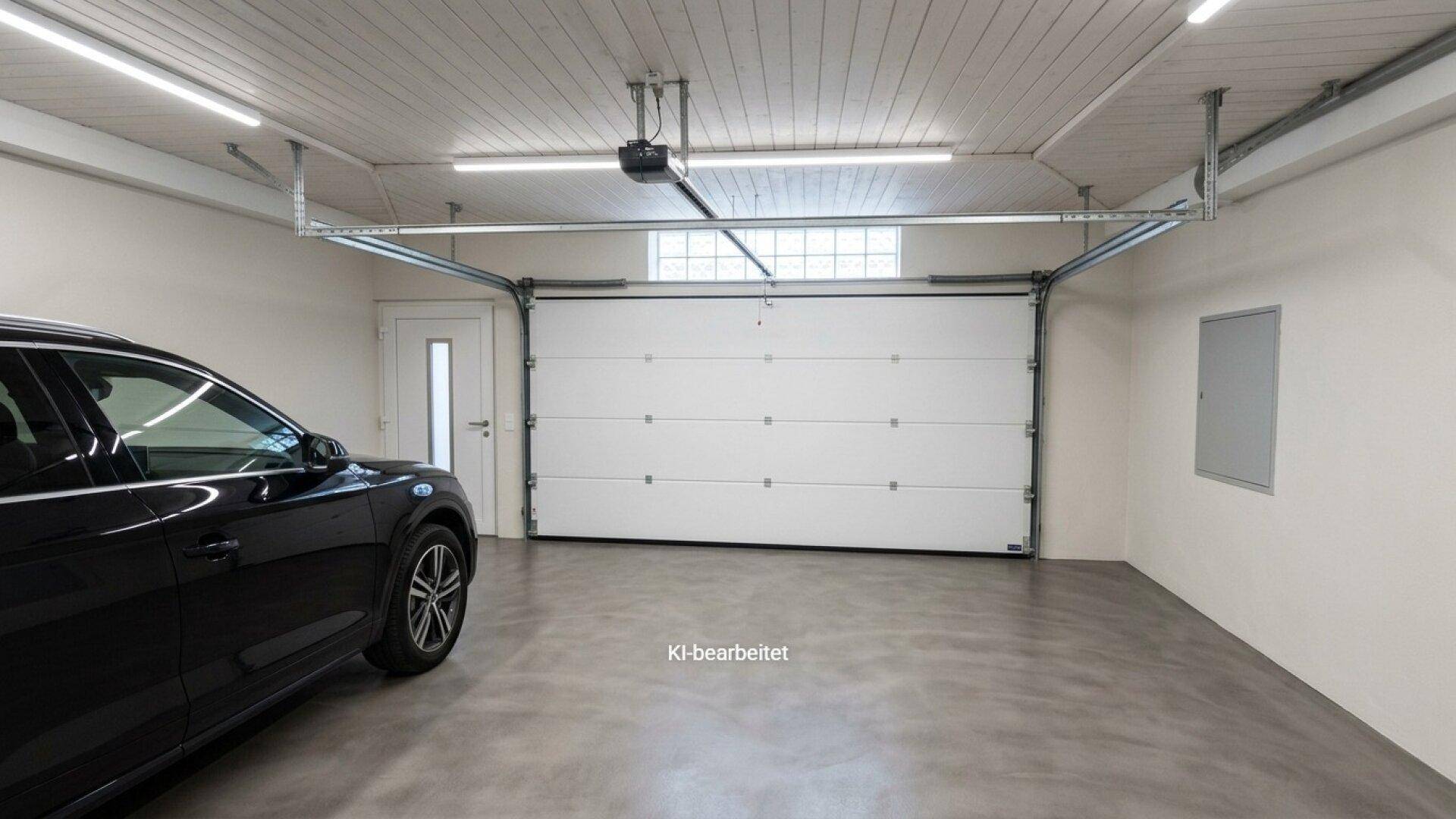Geräumige Garage mit Betonboden, automatischem Tor und ausreichend Platz für ein Fahrzeug.