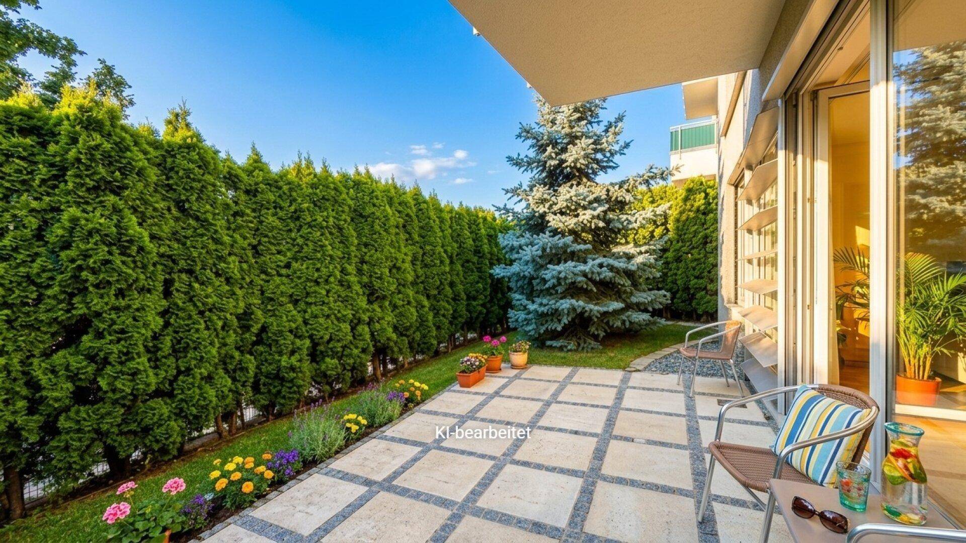 Gemütliche Terrasse mit Sitzgelegenheiten und Blumenbeeten, umgeben von einer dichten Hecke.