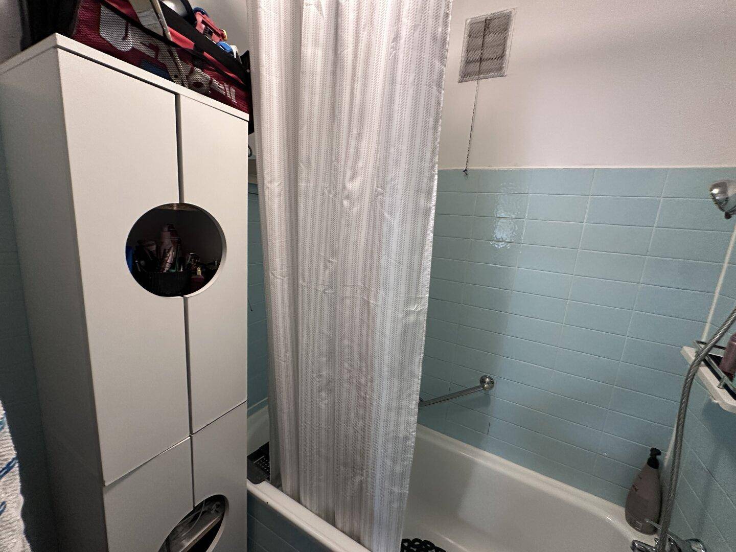 Detailansicht der Badewanne mit Duschvorhang und Haltegriffen an der Wand.