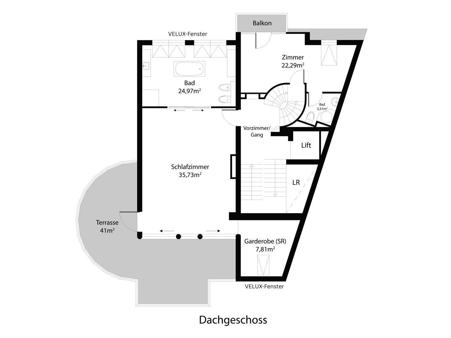 Grundriss des Dachgeschosses mit Schlafzimmer, Bad, Terrasse, Garderobe und Lift.