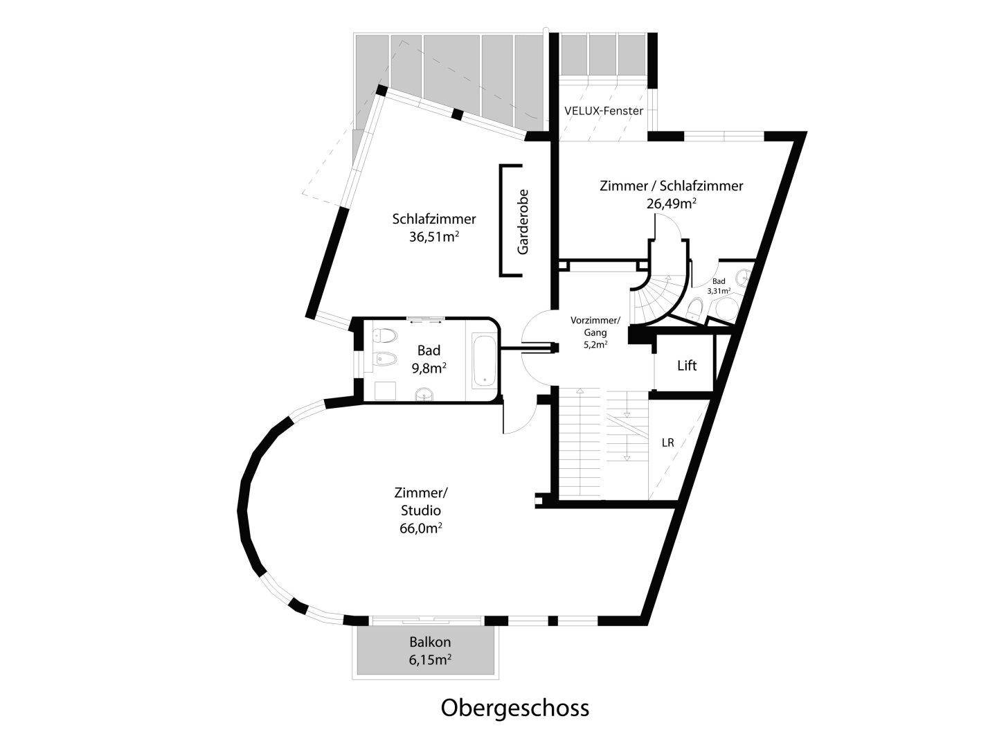 Grundriss des Obergeschosses mit Schlafzimmern, Bad, Garderobe, Balkon und Lift.