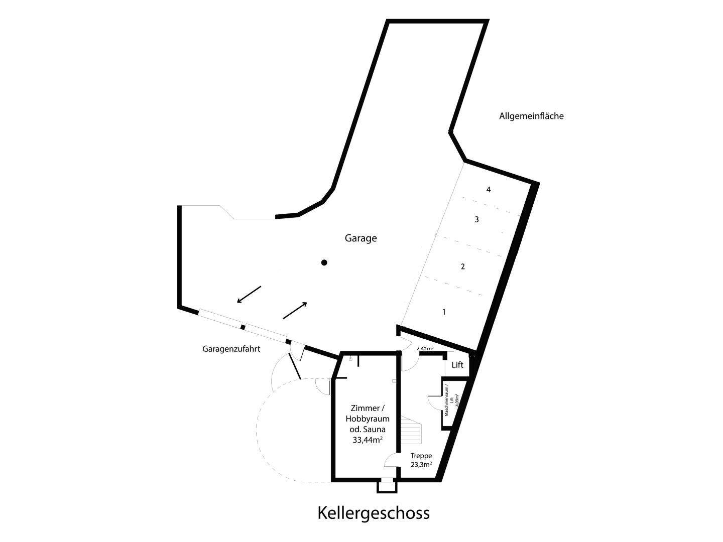 Grundriss des Kellergeschosses mit Garage, Hobbyraum, Sauna und Liftzugang.