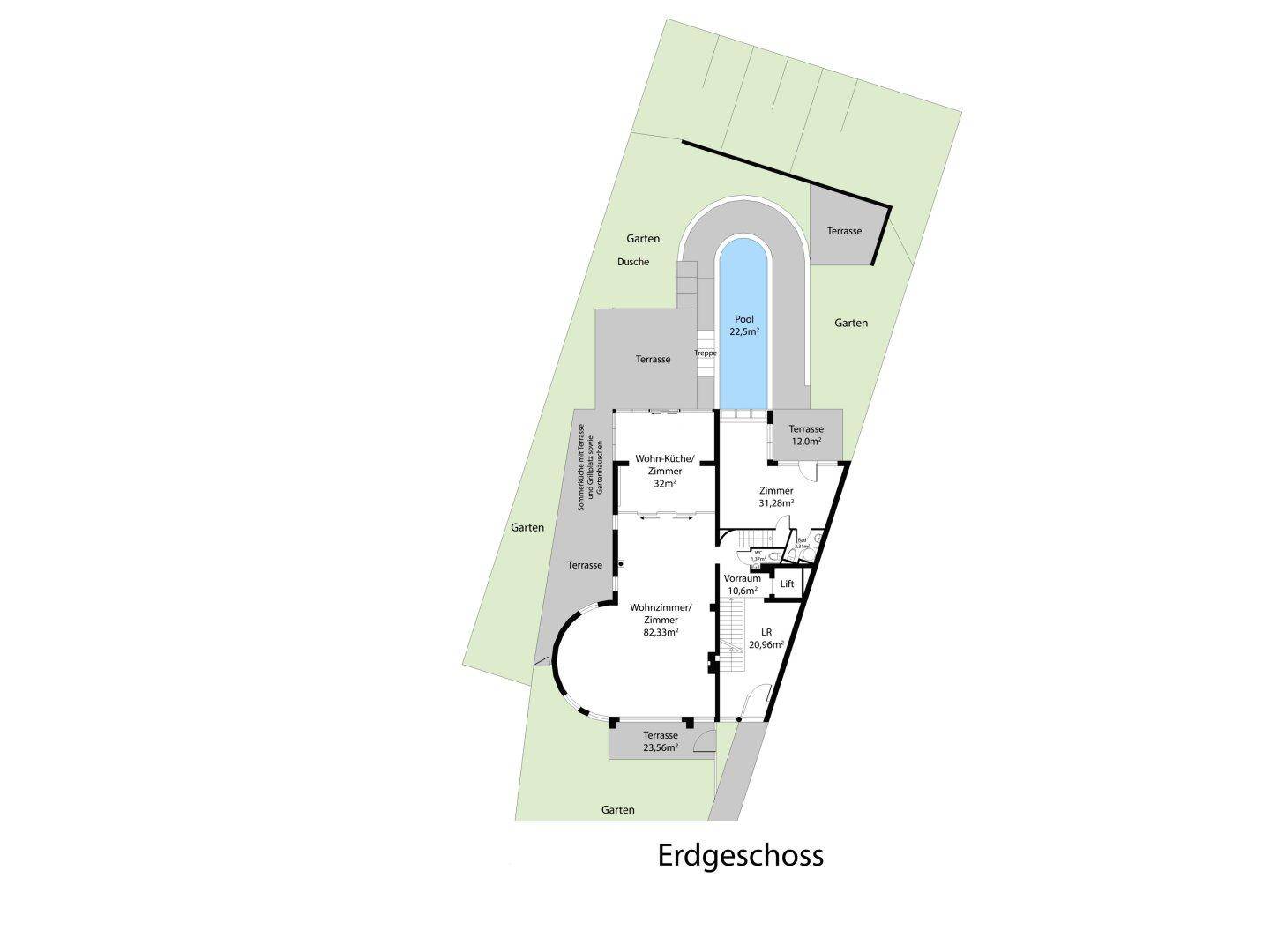 Detaillierter Grundriss des Erdgeschosses mit Wohn-Küche, Zimmern, Terrassen, Pool und Garten.