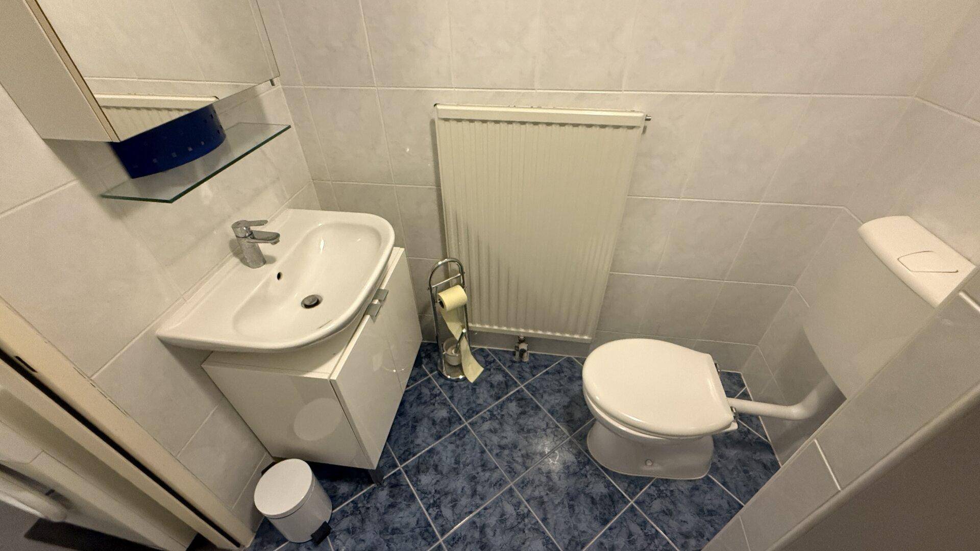 Toilettenbereich mit Waschbecken, Spiegel und Heizkörper, mit blauen Bodenfliesen.