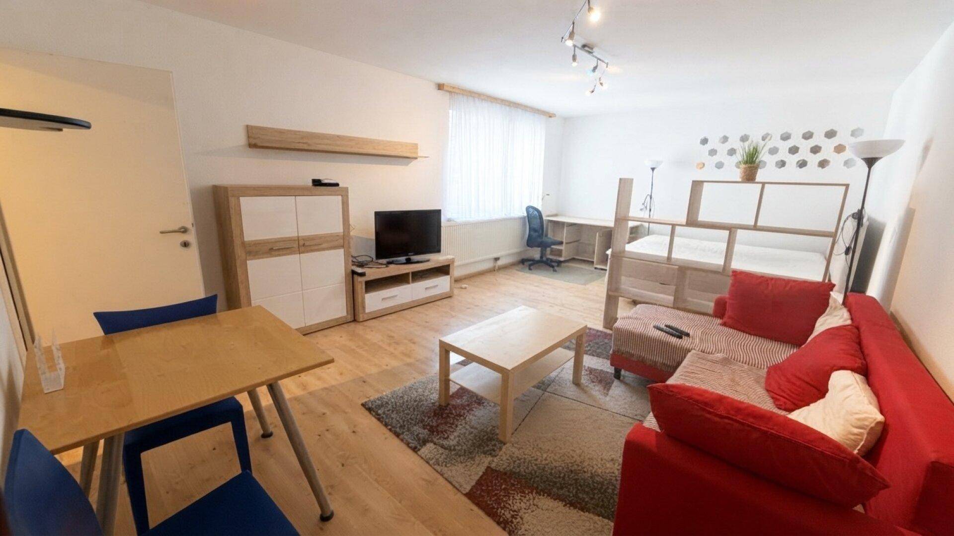 Geräumiges Studio-Apartment mit integriertem Essbereich, Wohnbereich und Schlafgelegenheit.