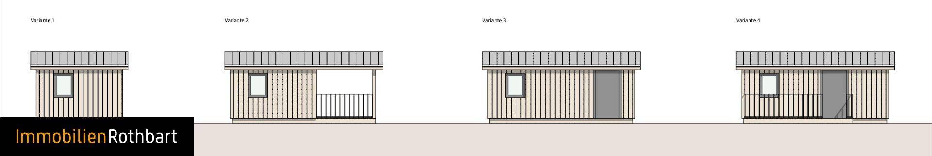 Vier verschiedene Fassadenansichten eines kleinen Gebäudes mit unterschiedlichen Balkonoptionen.