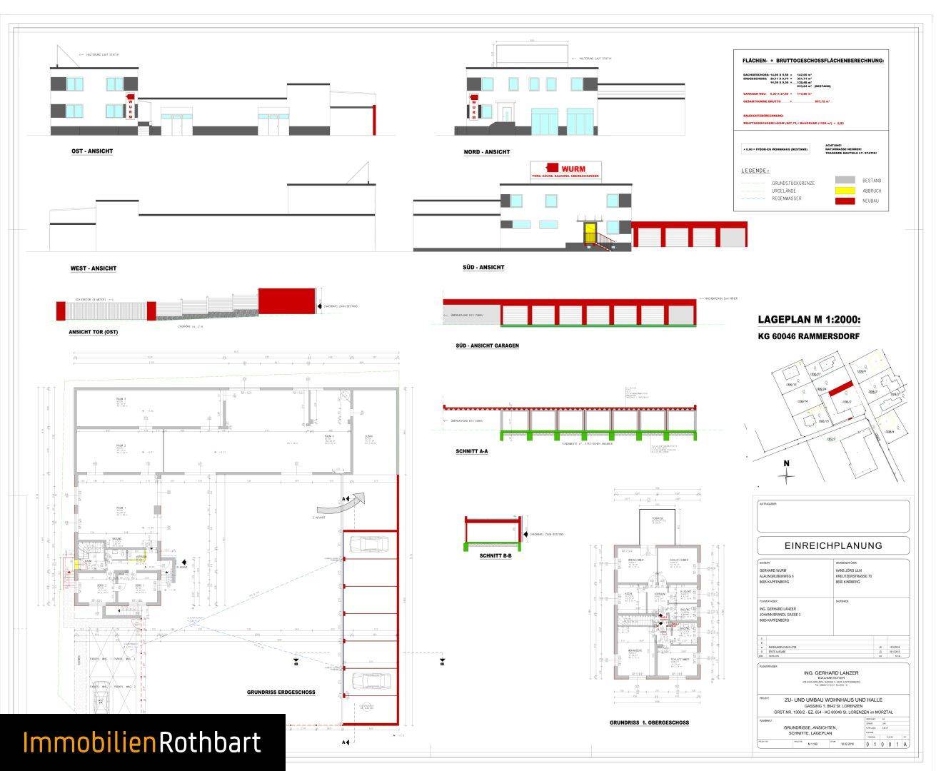 Detaillierte Baupläne mit Grundrissen, Ansichten und einem Lageplan des Gebäudes.
