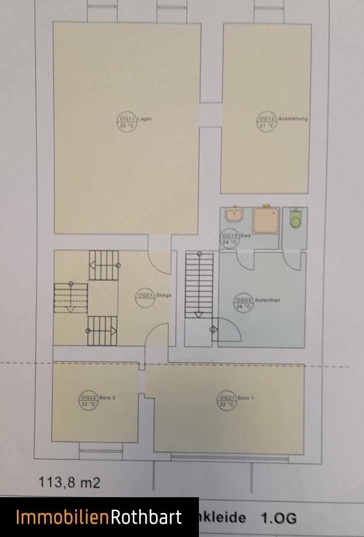 Grundriss des ersten Obergeschosses mit 113,8 m² Fläche, aufgeteilt in Lager, Ausstellung und Büroräume mit Bad.