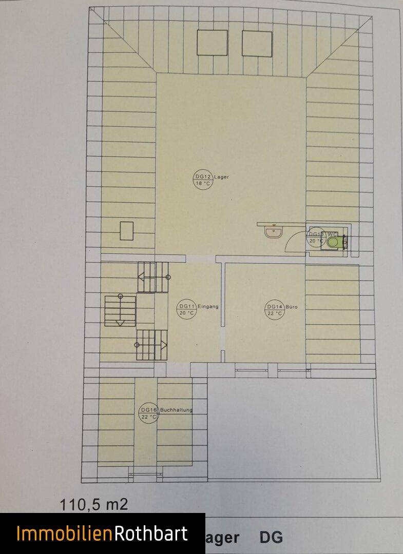 Grundriss des Dachgeschosses mit 110,5 m² Fläche, inklusive Lager, Büro und Buchhaltungsbereich unter Dachschrägen.