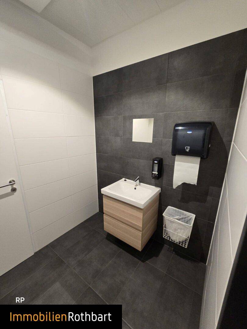 Ansicht des Toilettenraums mit Waschbecken, Seifenspender und Papierhandtuchspender an der Wand.