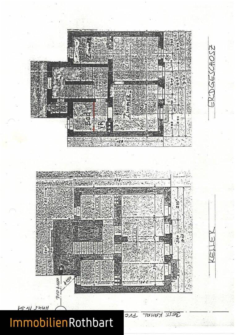 Grundrisspläne für Erdgeschoss und Keller mit Raumaufteilung und Treppenhaus.