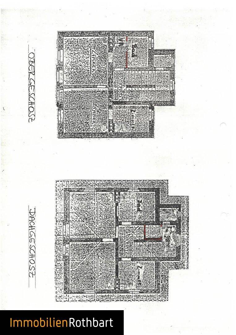 Grundrisspläne für Obergeschoss und Dachgeschoss mit Schlafzimmern und Bädern.