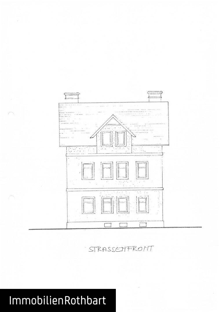 Architektonische Zeichnung der Straßenfront mit Fenstern und traditioneller Dachform.