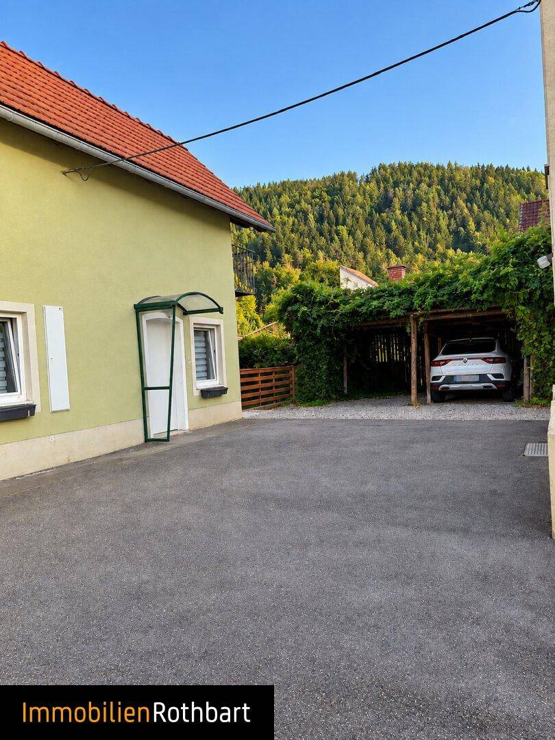 Hausfassade mit gepflastertem Vorplatz und einem überdachten Carport mit Rankpflanzen.