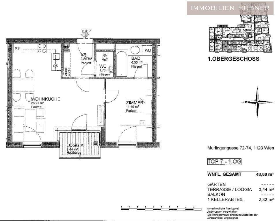 Grundriss der Wohnung mit Wohnküche, Zimmer, Bad, WC und Loggia.