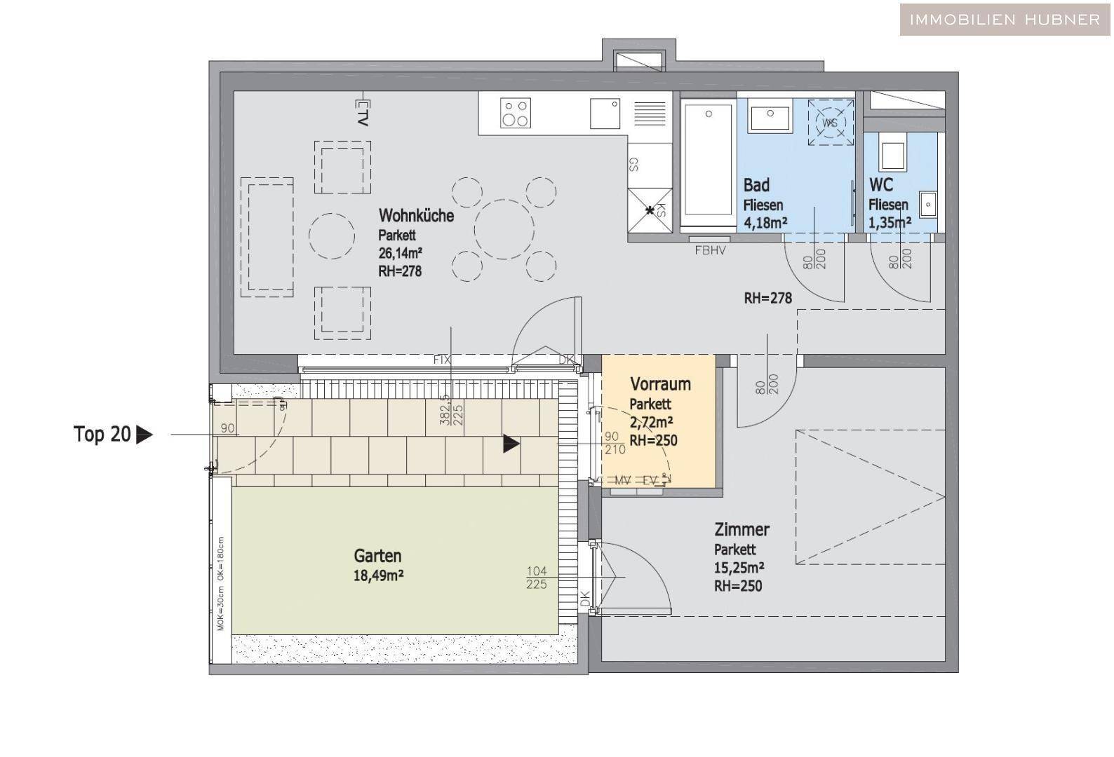 Grundriss der Wohnung mit Wohnküche, Zimmer, Bad, WC und privatem Garten.