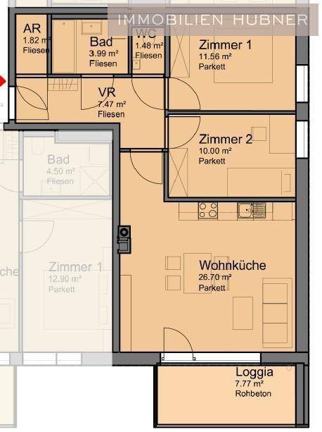 Detaillierter Grundriss der Wohnung mit Zimmeraufteilung und Flächenangaben.