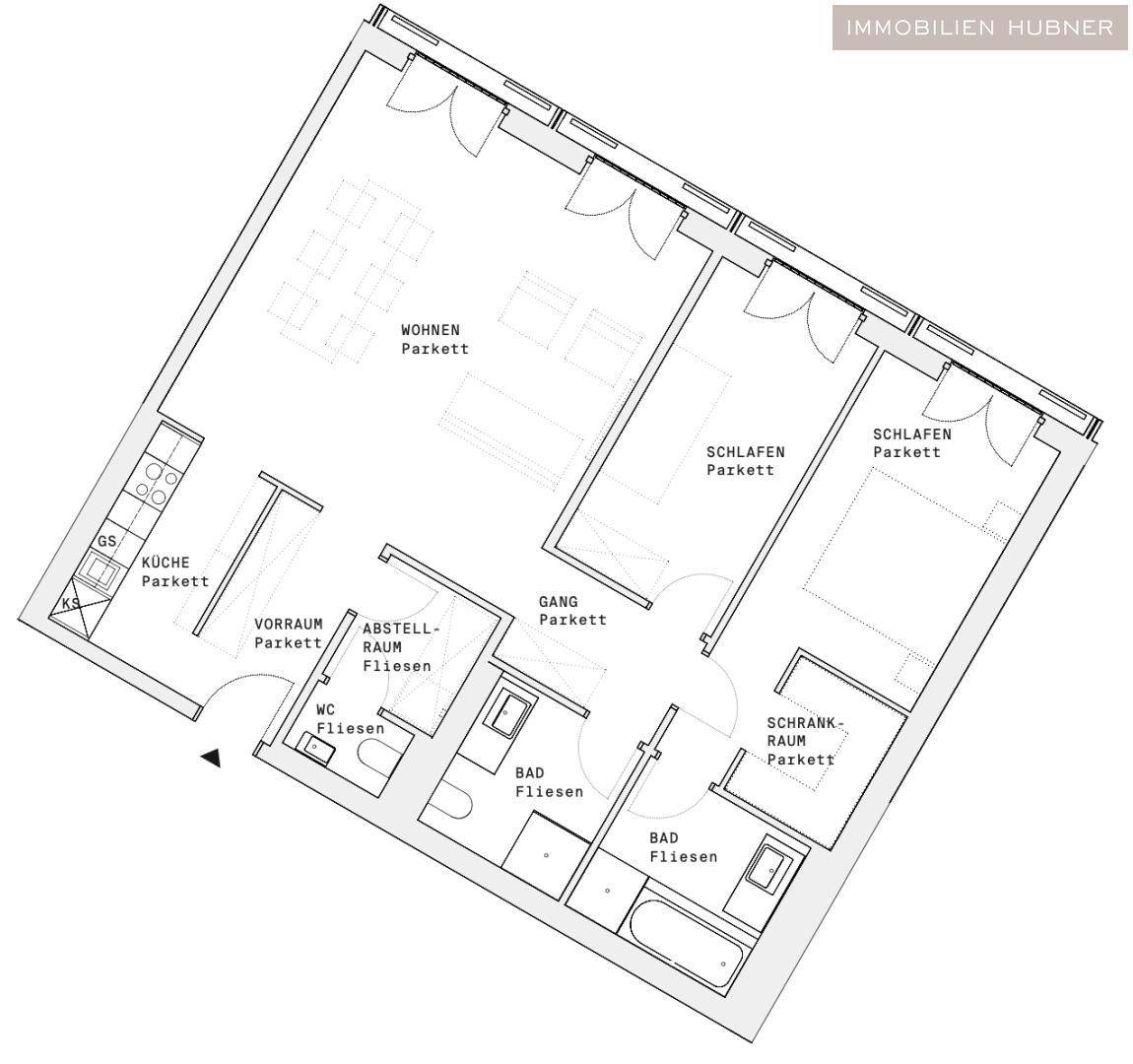 Übersichtlicher Grundriss einer Wohnung mit drei Schlafzimmern und offenem Wohnbereich.