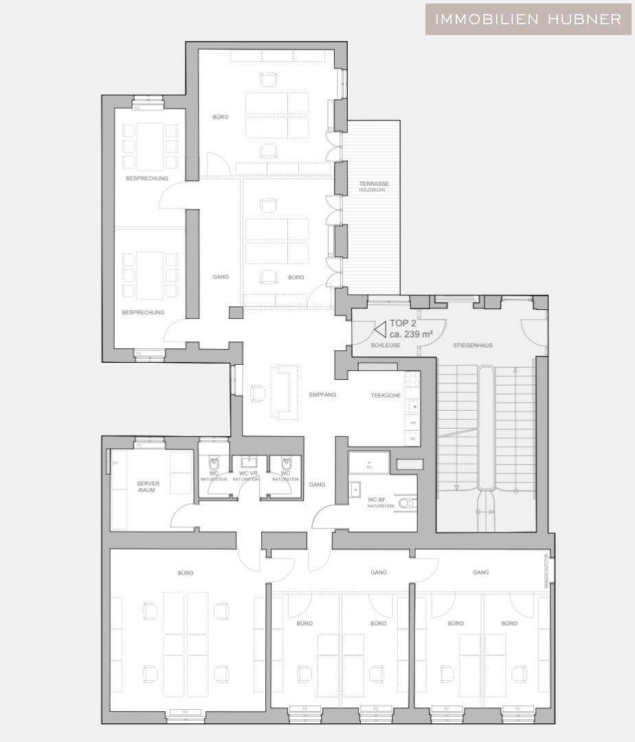 Detaillierter Grundriss einer Bürofläche von ca. 239 m² mit mehreren Räumen und Terrasse.