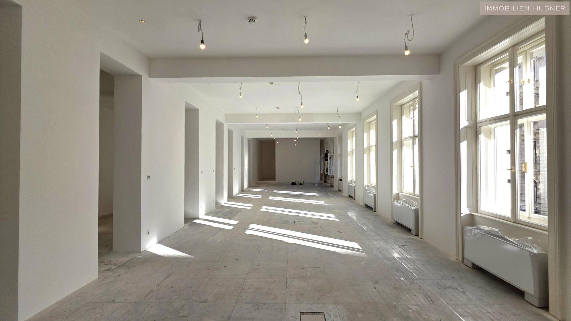 Langer, offener Büroraum mit vielen Fenstern auf einer Seite, der viel natürliches Licht und eine geräumige Atmosphäre bietet.