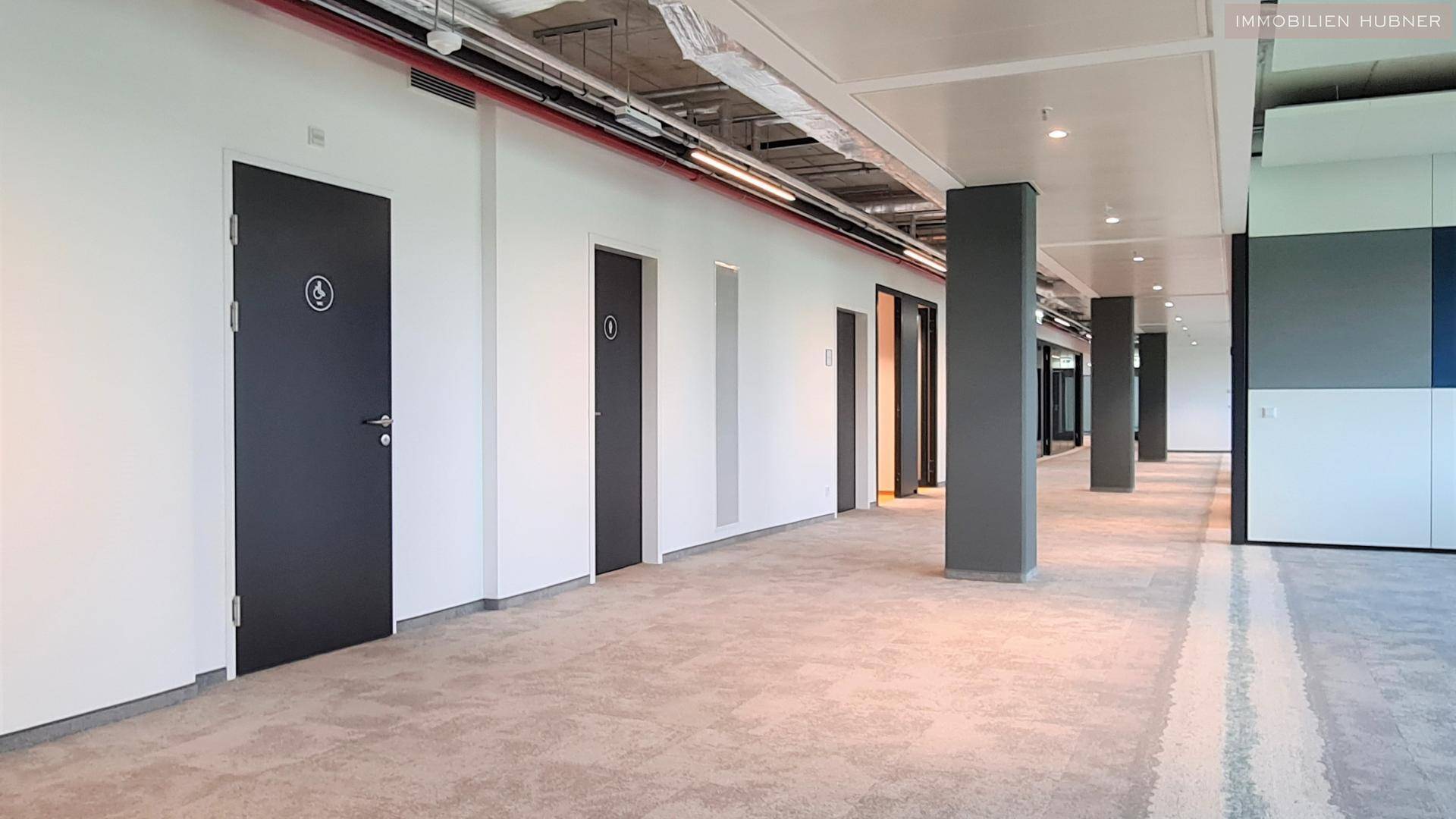 Langer Bürogang mit Teppichboden, dunklen Türen und sichtbaren Deckeninstallationen.