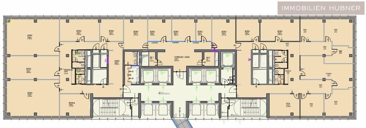 Detaillierter Grundriss einer Büroetage mit mehreren Büroeinheiten und Sanitärbereichen.