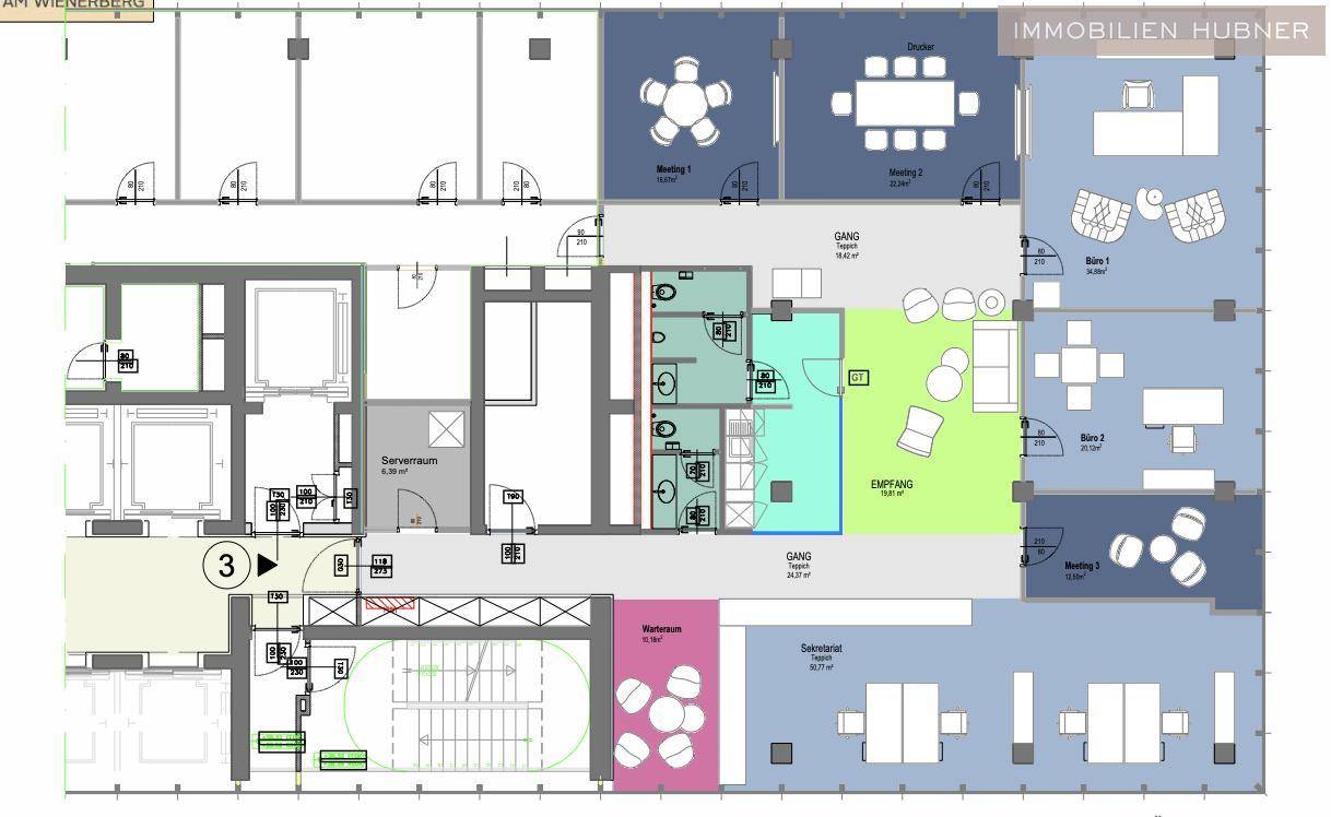 Ausschnitt eines Büro-Grundrisses mit Empfangsbereich, Büros und Sanitäranlagen.