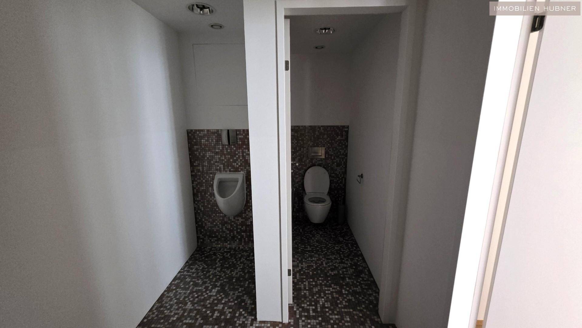 Zwei separate Toilettenbereiche mit Mosaikfliesen an den Wänden und einem Urinal in einem der Räume.