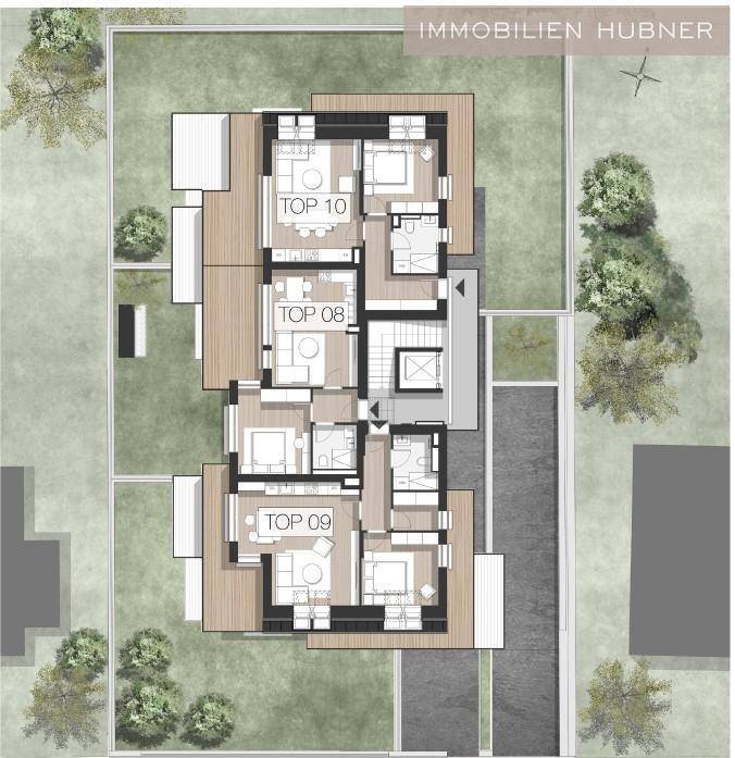 Übersichtsgrundriss eines Gebäudes mit mehreren Wohneinheiten und umliegenden Grünflächen.