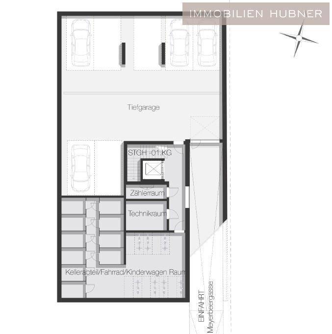 Grundriss einer Tiefgarage mit zahlreichen Stellplätzen, Zufahrt und angrenzenden Technikräumen.