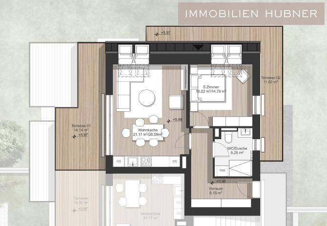 Grundriss einer Wohnung mit zwei Terrassen, einem Schlafzimmer und offenem Wohnbereich.