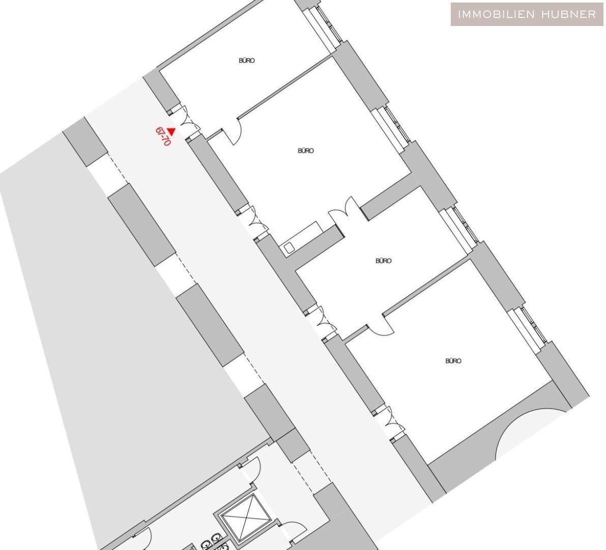Grundrissplan mit mehreren Büroräumen und einem zentralen Flur, der die Aufteilung zeigt.
