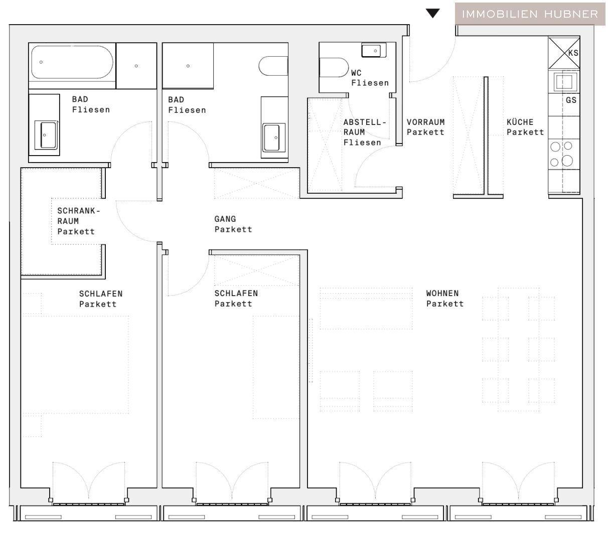 Grundriss einer Wohnung mit zwei Bädern, zwei Schlafzimmern und offenem Wohnbereich.