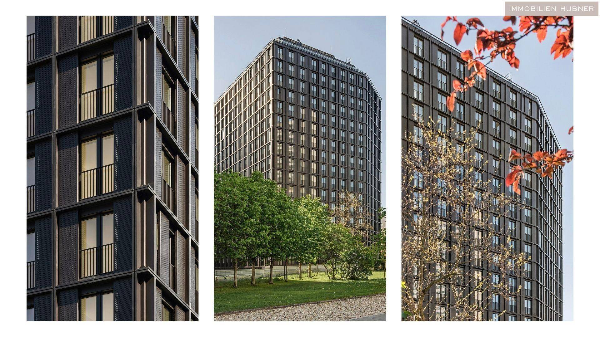 Verschiedene Ansichten der modernen Gebäudefassade mit vielen Fenstern und Balkonen.
