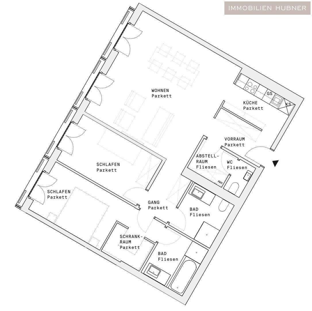 Grundriss einer Wohnung mit offenem Wohnbereich, zwei Bädern und drei Schlafzimmern.