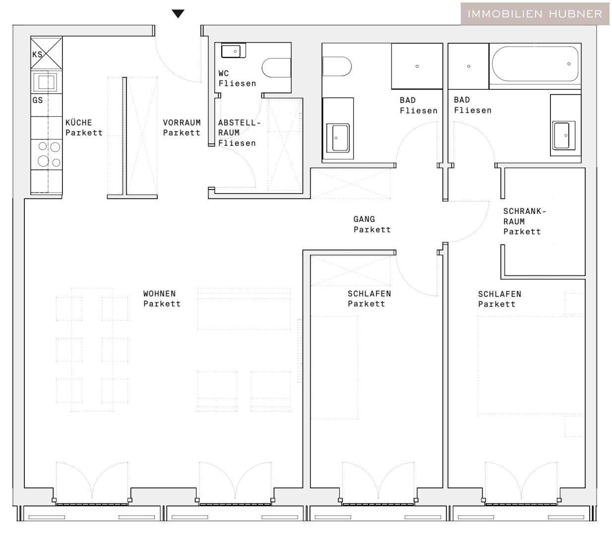 Detaillierter Grundriss der Wohnung mit drei Schlafzimmern, zwei Bädern und offener Küche.