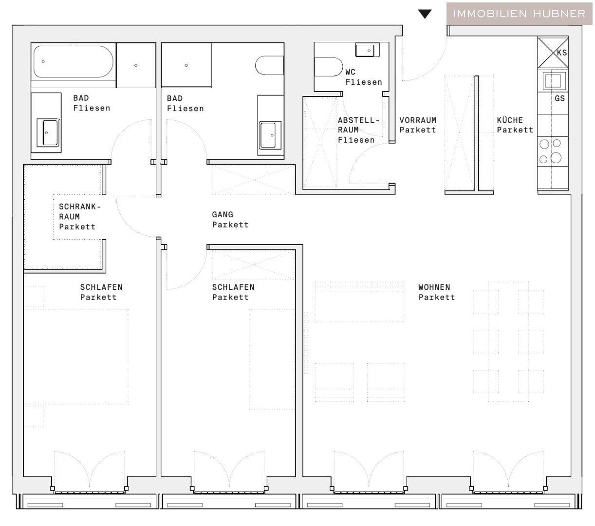 Grundriss einer Wohnung mit zwei Schlafzimmern, zwei Bädern und offener Küche.