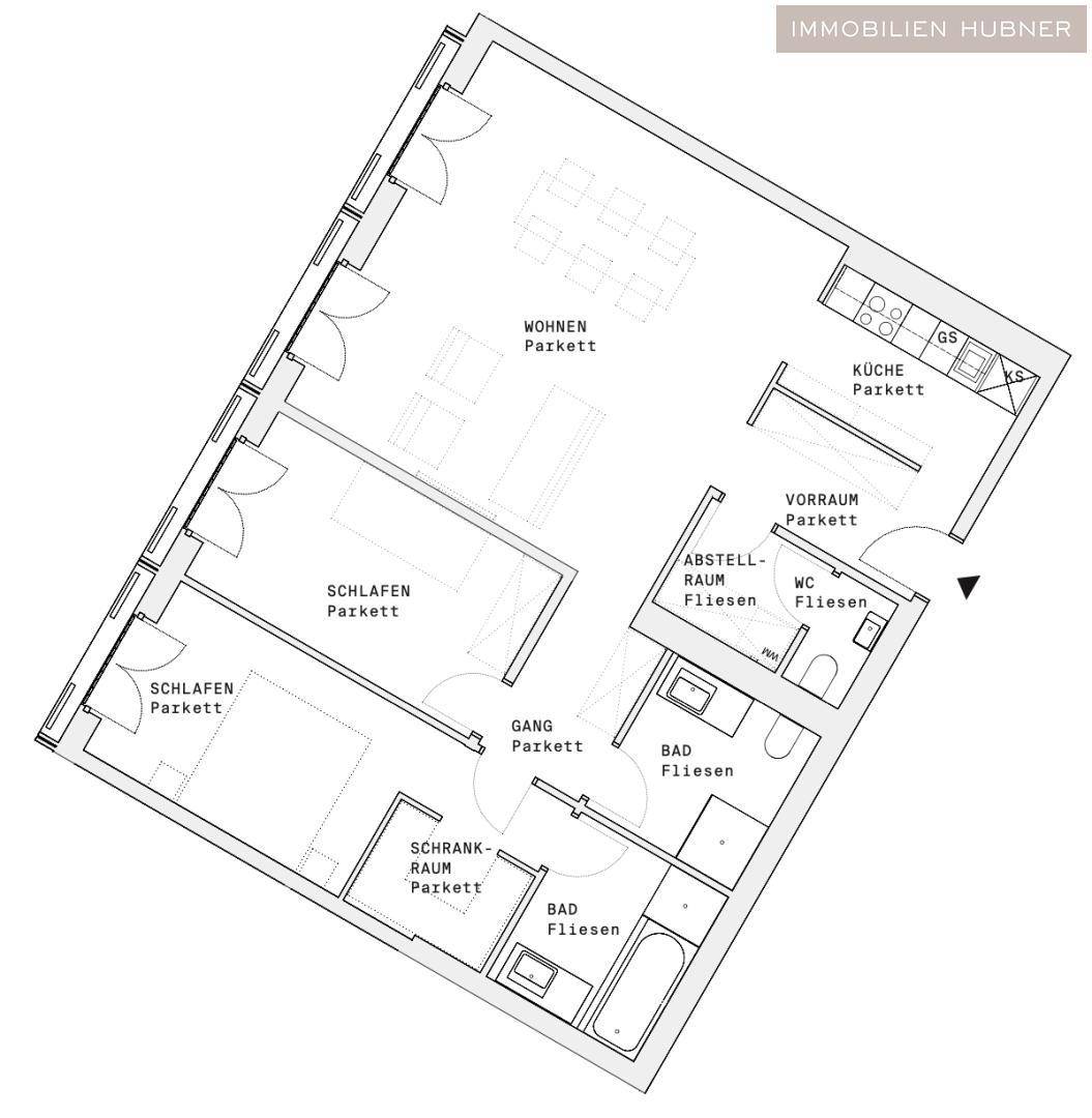Grundriss einer Wohnung mit drei Schlafzimmern, offenem Wohnbereich und zwei Bädern.