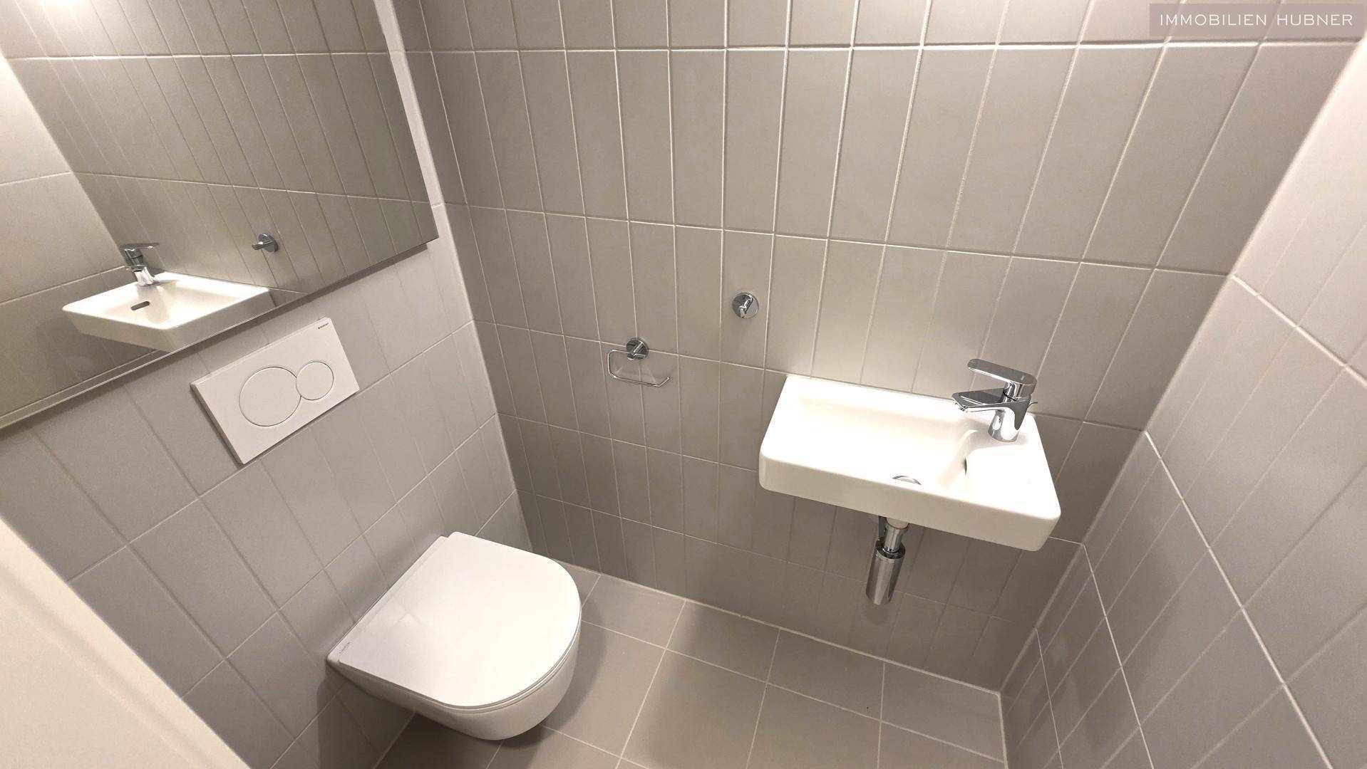 Kompaktes Gäste-WC mit modernen Fliesen, wandhängender Toilette und kleinem Waschbecken.