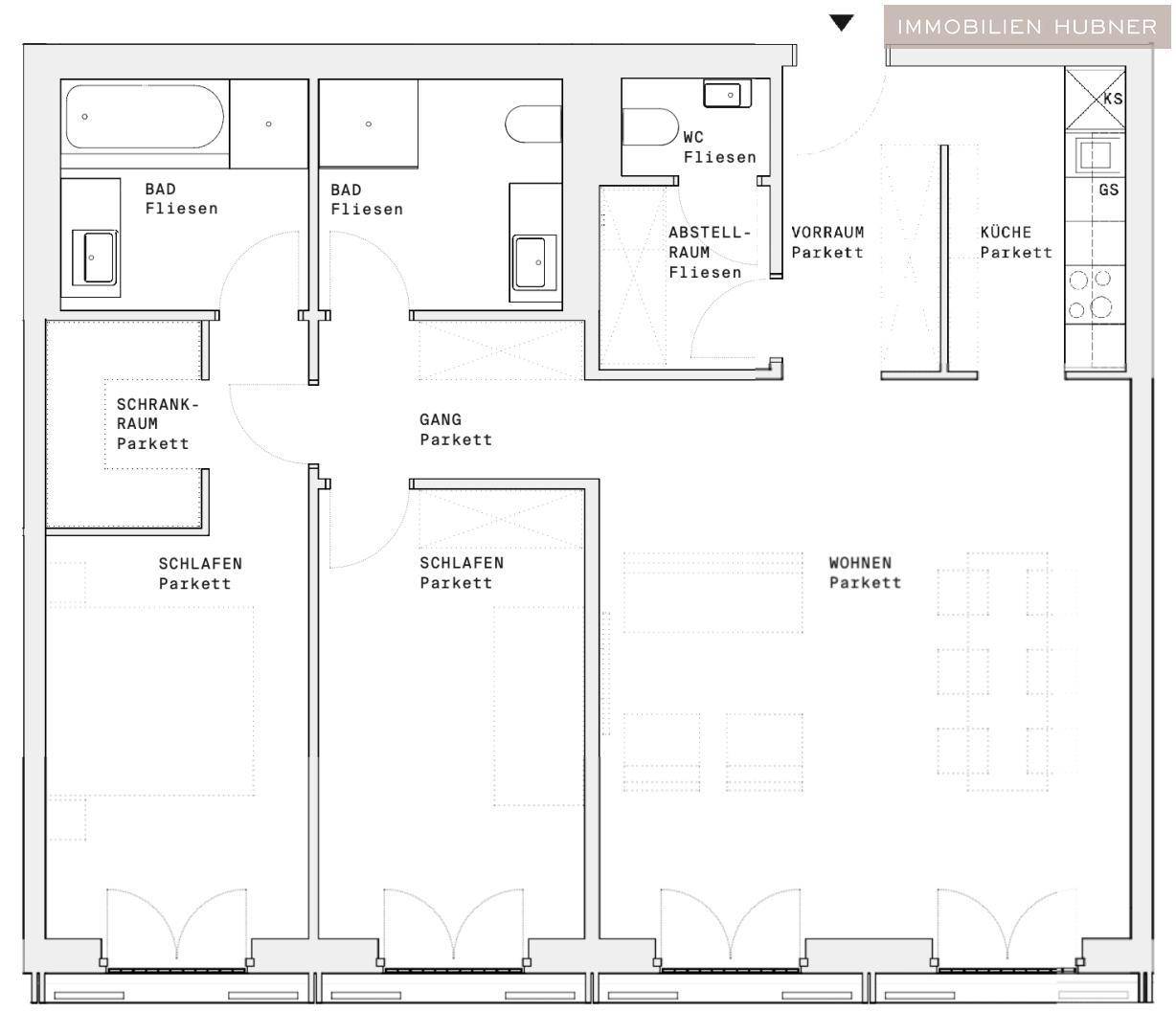 Detaillierter Grundriss einer Wohnung mit zwei Schlafzimmern, zwei Bädern und offenem Wohnbereich.