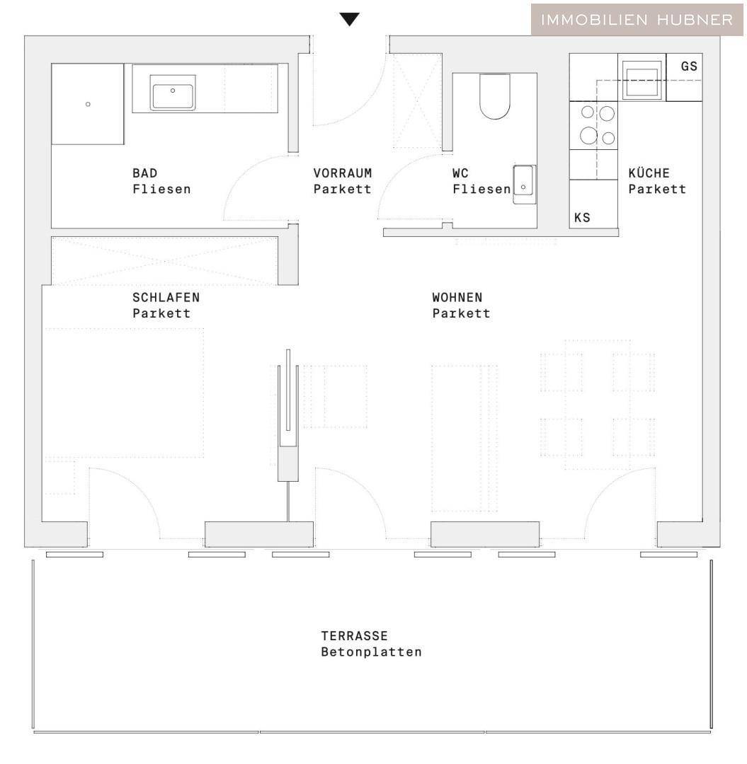 Grundriss einer Wohnung mit einem Schlafzimmer, Wohnzimmer, Küche, Bad, WC und Terrasse.