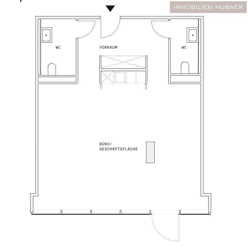 Grundriss einer Büro- oder Geschäftsfläche mit zwei Toiletten und einem Vorraum.