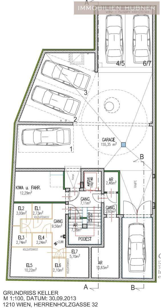 Grundriss des Kellers mit Tiefgarage und Abstellräumen.