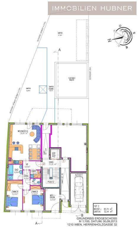 Gesamtgrundriss des Erdgeschosses mit Gartenbereich und Tiefgaragenzugang.