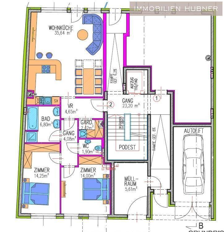Detaillierter Grundriss des Erdgeschosses mit Wohnküche, Zimmern und Bad.