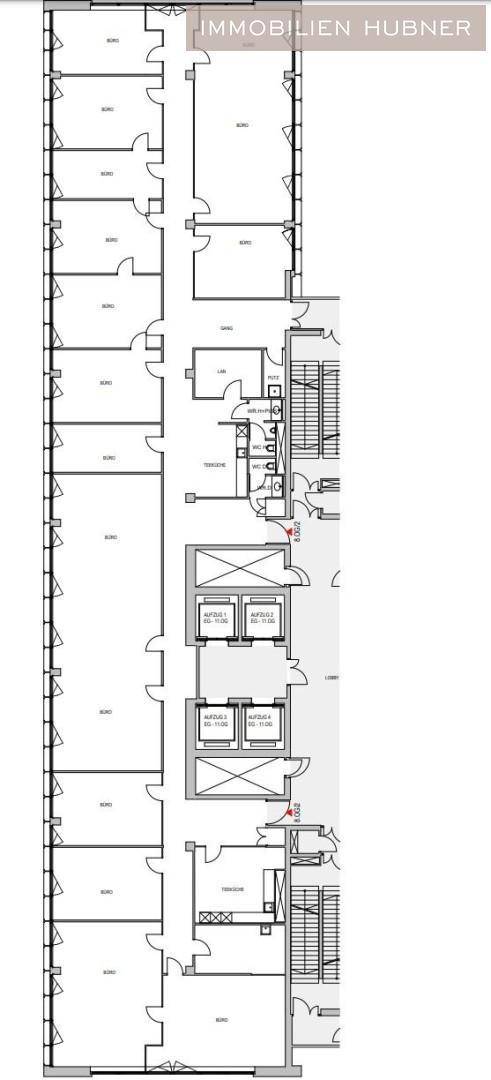 Grundriss eines Bürogebäudes mit vielen einzelnen Büros, Fluren und Treppenhäusern auf einer Etage.