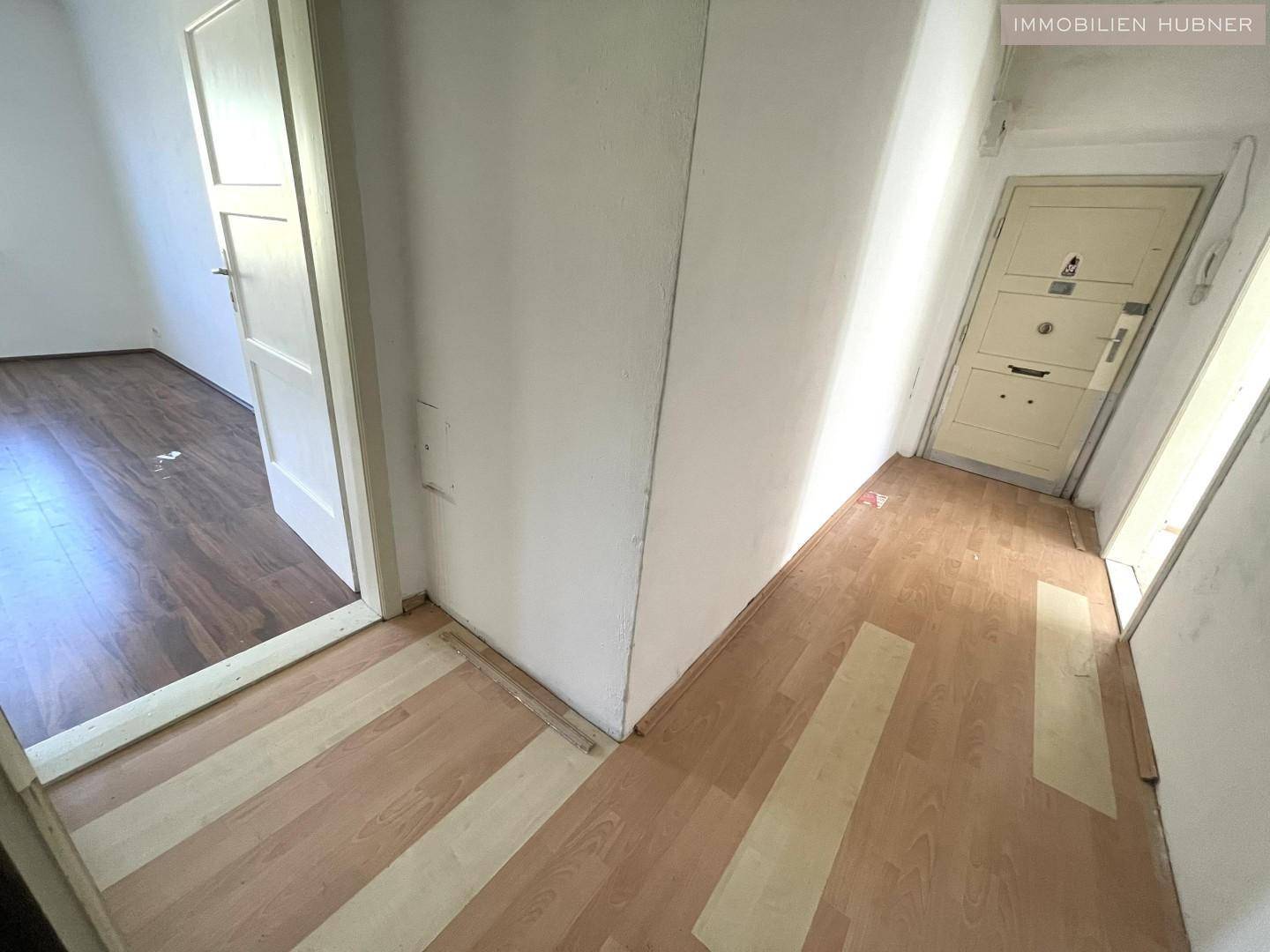 Eingangsbereich mit Laminatboden und Sicherheitstür, führt in den Wohnbereich.