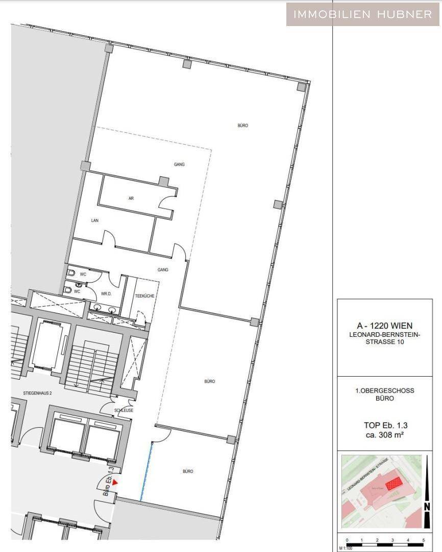 Grundriss des ersten Obergeschosses mit Büroräumen, Teeküche und Sanitäranlagen, ca. 308 m².
