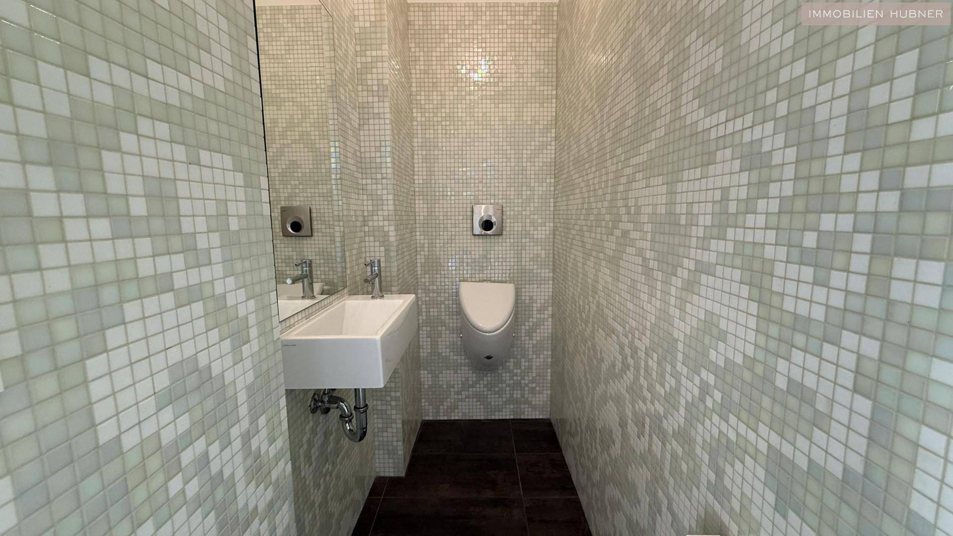 Modernes Gäste-WC mit Mosaikfliesen an den Wänden, einem stilvollen Waschbecken und einem Urinal.